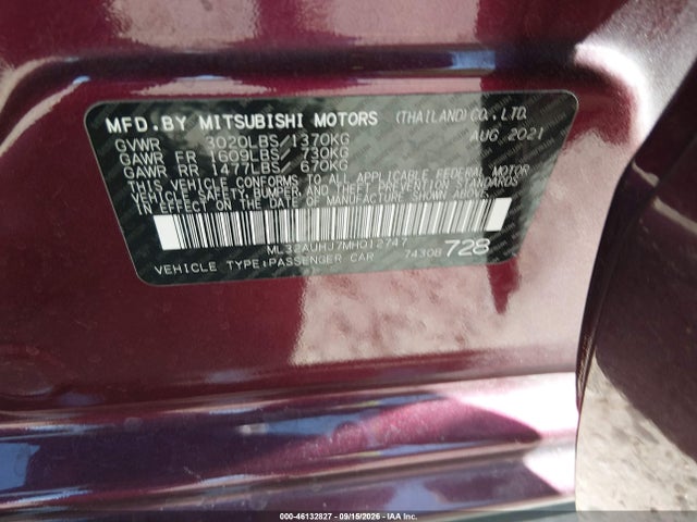 Продажа на аукционе авто 2021 Mitsubishi Mirage Carbonite Edition/es/le, vin: ML32AUHJ7MH012747, номер лота: 46132827