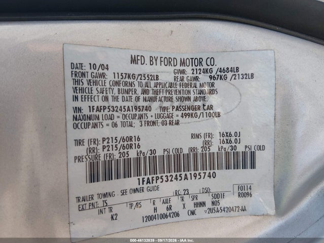 Продажа на аукционе авто 2005 Ford Taurus Se, vin: 1FAFP53245A195740, номер лота: 46132839