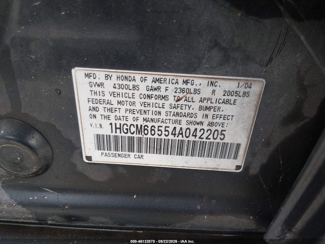 Aukcja sprzedaży 2004 Honda Accord 3.0 Ex, vin: 1HGCM66554A042205, numer aukcji: 46132870