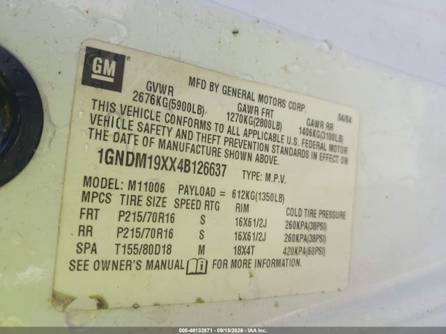 Aukcja sprzedaży 2004 Chevrolet Astro, vin: 1GNDM19XX4B126637, numer aukcji: 46132871
