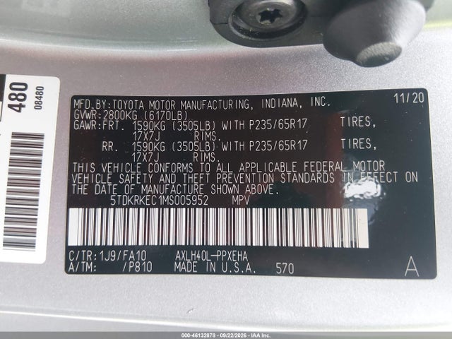 Toyota SIENNA LE 2021 5TDKRKEC1MS005952 Image 9