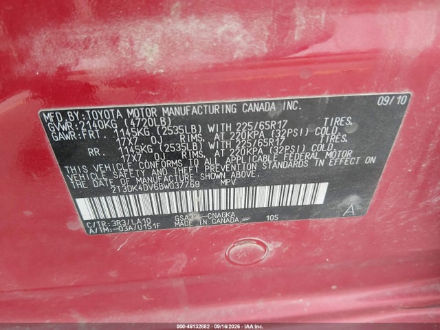 46132882 :رقم المزاد ، 2T3DK4DV6BW037769 vin ، 2011 Toyota Rav4 Limited V6 مزاد بيع