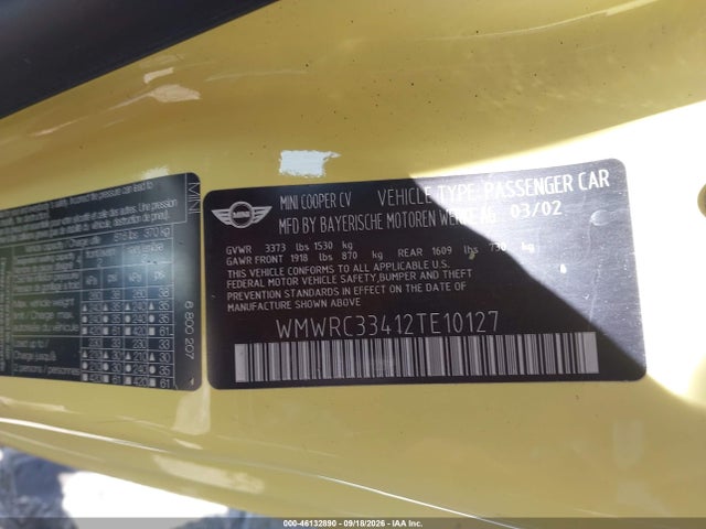 Aukcja sprzedaży 2002 Mini Cooper, vin: WMWRC33412TE10127, numer aukcji: 46132890