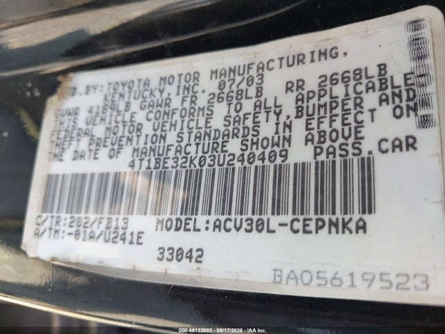 2003 Toyota Camry Le მანქანა იყიდება აუქციონზე, vin: 4T1BE32K03U240409, აუქციონის ნომერი: 46132893
