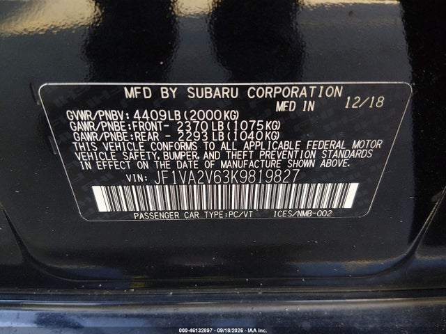 Продажа на аукционе авто 2019 Subaru Wrx Sti Limited, vin: JF1VA2V63K9819827, номер лота: 46132897