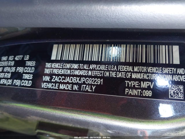 46132898 :رقم المزاد ، ZACCJADBXJPG92291 vin ، 2018 Jeep Renegade Limited Fwd مزاد بيع