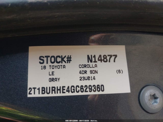Продажа на аукционе авто 2016 Toyota Corolla Le, vin: 2T1BURHE4GC629360, номер лота: 46132899
