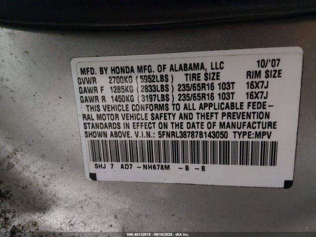 46132910 :رقم المزاد ، 5FNRL38787B143050 vin ، 2007 Honda Odyssey Ex-l مزاد بيع