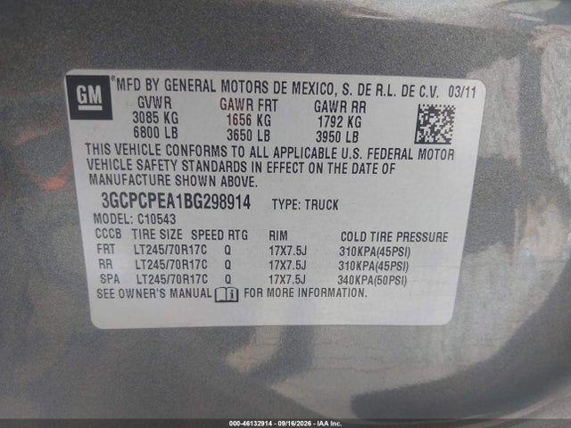 46132914 :رقم المزاد ، 3GCPCPEA1BG298914 vin ، 2011 Chevrolet Silverado 1500 Work Truck مزاد بيع