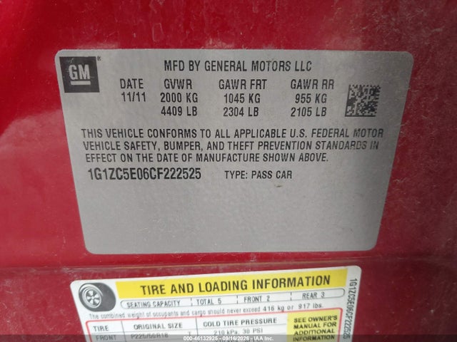 2012 Chevrolet Malibu 1lt მანქანა იყიდება აუქციონზე, vin: 1G1ZC5E06CF222525, აუქციონის ნომერი: 46132925