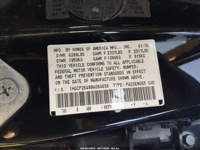 2008 Honda Accord 2.4 Lx-p მანქანა იყიდება აუქციონზე, vin: 1HGCP26498A064656, აუქციონის ნომერი: 46132932