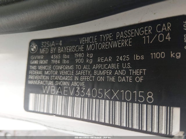2005 Bmw 325i მანქანა იყიდება აუქციონზე, vin: WBAEV33405KX10158, აუქციონის ნომერი: 46132933