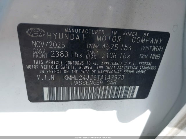 2026 Hyundai Sonata Hybrid Blue მანქანა იყიდება აუქციონზე, vin: KMHL24JJ6TA147973, აუქციონის ნომერი: 46132952