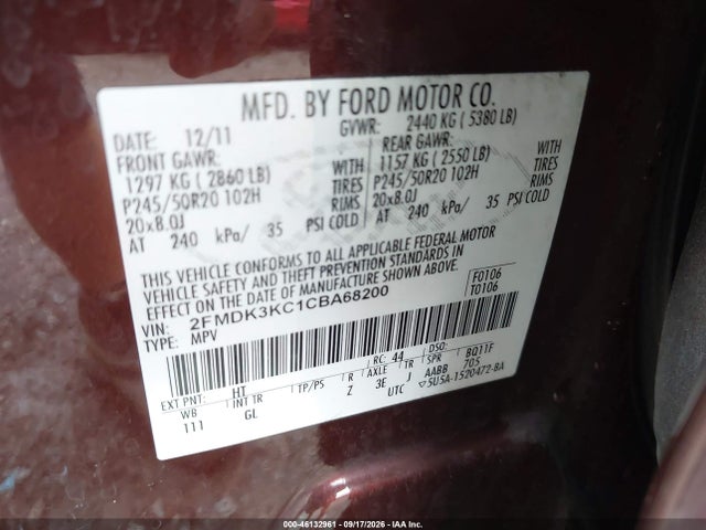 2012 Ford Edge Limited მანქანა იყიდება აუქციონზე, vin: 2FMDK3KC1CBA68200, აუქციონის ნომერი: 46132961