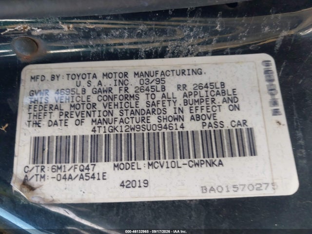 1995 Toyota Camry Le მანქანა იყიდება აუქციონზე, vin: 4T1GK12W9SU094614, აუქციონის ნომერი: 46132965