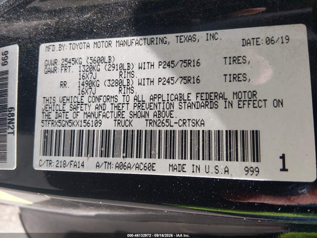 46132972 :رقم المزاد ، 5TFRX5GN5KX156109 vin ، 2019 Toyota Tacoma Sr مزاد بيع