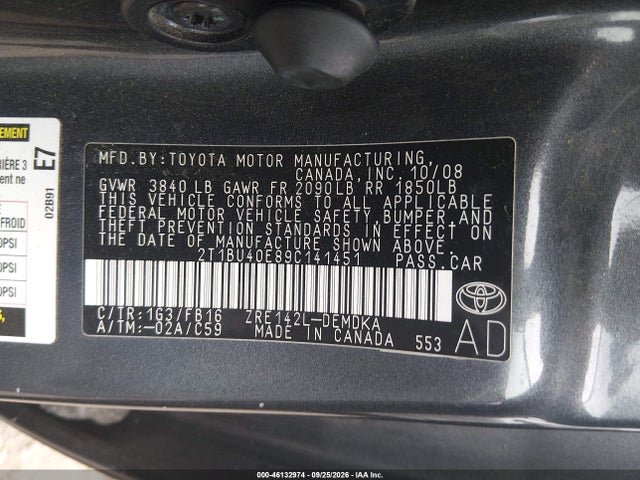 46132974 :رقم المزاد ، 2T1BU40E89C141451 vin ، 2009 Toyota Corolla مزاد بيع