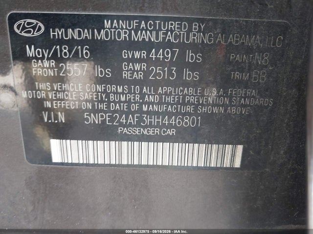 46132975 :رقم المزاد ، 5NPE24AF3HH446801 vin ، 2017 Hyundai Sonata مزاد بيع