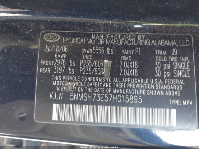 2007 Hyundai Santa Fe Limited/se მანქანა იყიდება აუქციონზე, vin: 5NMSH73E57H015895, აუქციონის ნომერი: 46132976