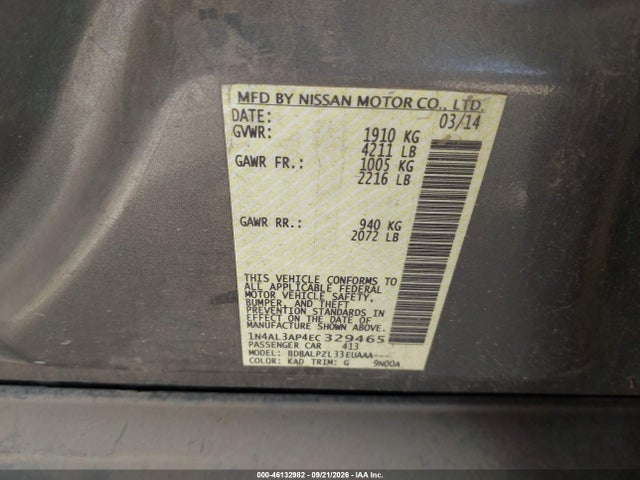 46132982 :رقم المزاد ، 1N4AL3AP4EC329465 vin ، 2014 Nissan Altima 2.5 مزاد بيع