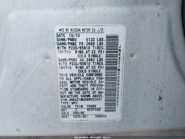 Aukcja sprzedaży 2011 Nissan Murano S, vin: JN8AZ1MUXBW053001, numer aukcji: 46133015