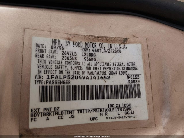 Продаж на аукціоні авто 1997 Ford Taurus Gl, vin: 1FALP52U4VA141652, номер лоту: 46133020