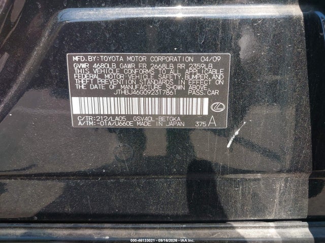Продаж на аукціоні авто 2009 Lexus Es 350, vin: JTHBJ46G092317861, номер лоту: 46133021