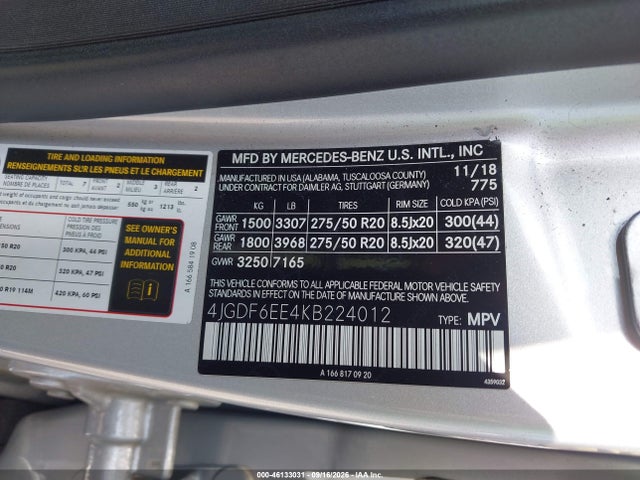 2019 Mercedes-benz Gls 450 4matic მანქანა იყიდება აუქციონზე, vin: 4JGDF6EE4KB224012, აუქციონის ნომერი: 46133031
