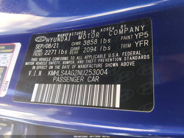 Aukcja sprzedaży 2022 Hyundai Elantra Sel, vin: KMHLS4AG2NU253004, numer aukcji: 46133062