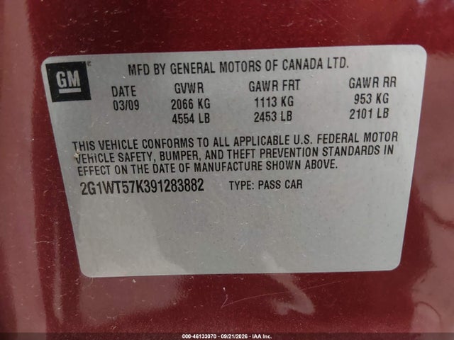 Продажа на аукционе авто 2009 Chevrolet Impala Lt, vin: 2G1WT57K391283882, номер лота: 46133070