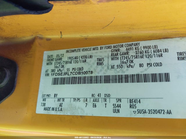 46133082 :رقم المزاد ، 1FDSE3FL7CDB10078 vin ، 2012 Ford E-350 Cutaway مزاد بيع
