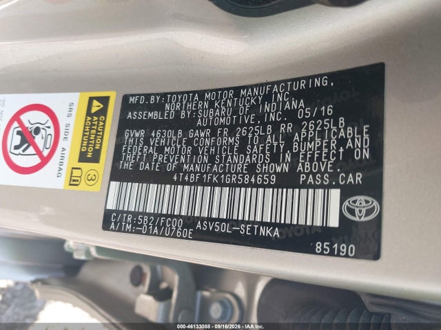 Aukcja sprzedaży 2016 Toyota Camry Le, vin: 4T4BF1FK1GR584659, numer aukcji: 46133088