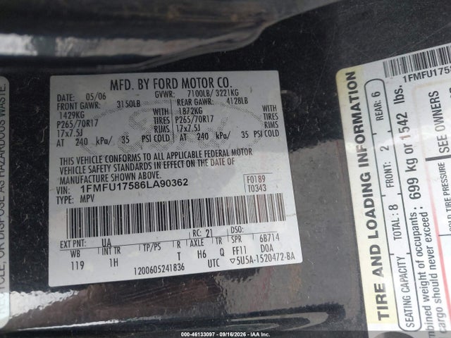 46133097 :رقم المزاد ، 1FMFU17586LA90362 vin ، 2006 Ford Expedition Eddie Bauer/king Ranch مزاد بيع