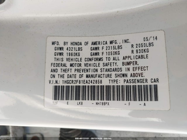 46133101 :رقم المزاد ، 1HGCR2F81EA242858 vin ، 2014 Honda Accord Ex-l مزاد بيع