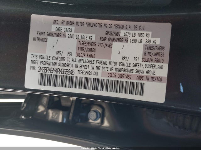 2023 Mazda Mazda3 2.5 S Select მანქანა იყიდება აუქციონზე, vin: 3MZBPABM4PM365845, აუქციონის ნომერი: 46133108