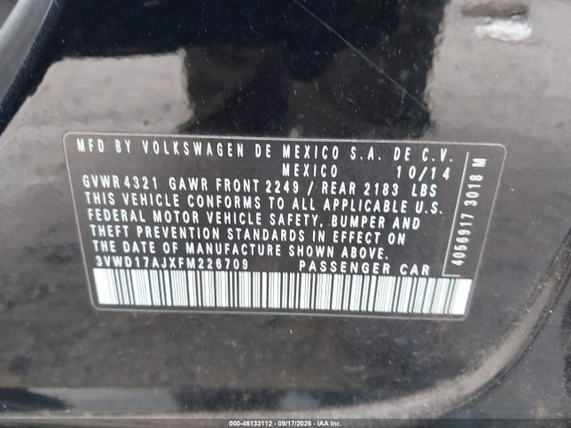 Aukcja sprzedaży 2015 Volkswagen Jetta 1.8t Sport, vin: 3VWD17AJXFM226709, numer aukcji: 46133112