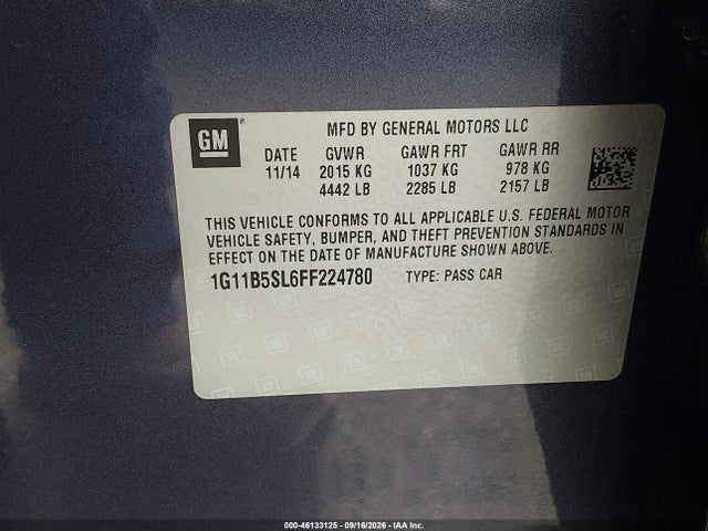 Продажа на аукционе авто 2015 Chevrolet Malibu Ls, vin: 1G11B5SL6FF224780, номер лота: 46133125