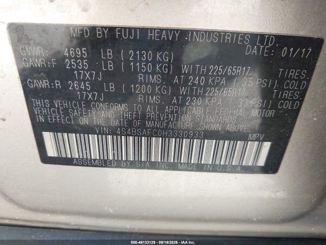 Aukcja sprzedaży 2017 Subaru Outback 2.5i Premium, vin: 4S4BSAFC0H3330933, numer aukcji: 46133129