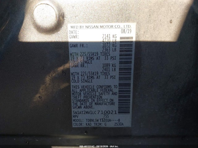 Продажа на аукционе авто 2020 Nissan Rogue Sl Intelligent Awd, vin: 5N1AT2MV1LC710021, номер лота: 46133142