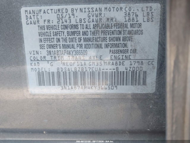 Продаж на аукціоні авто 2019 Nissan Sentra S, vin: 3N1AB7AP4KY366509, номер лоту: 46133150