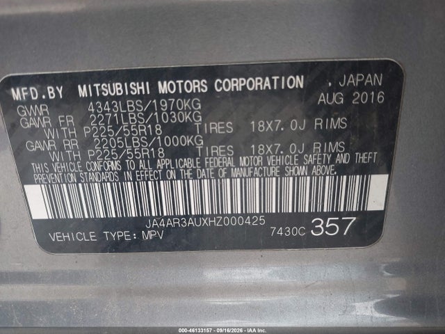 46133157 :رقم المزاد ، JA4AR3AUXHZ000425 vin ، 2017 Mitsubishi Outlander Sport 2.0 Le مزاد بيع