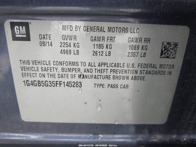 46133158 :رقم المزاد ، 1G4GB5G35FF145283 vin ، 2015 Buick Lacrosse مزاد بيع
