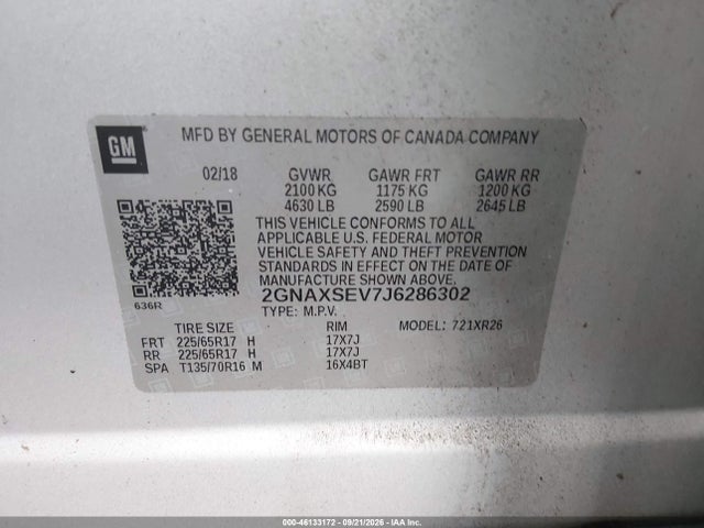 Aukcja sprzedaży 2018 Chevrolet Equinox Lt, vin: 2GNAXSEV7J6286302, numer aukcji: 46133172