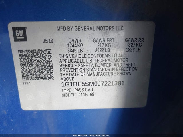 Aukcja sprzedaży 2018 Chevrolet Cruze Lt Auto, vin: 1G1BE5SM0J7221381, numer aukcji: 46133176