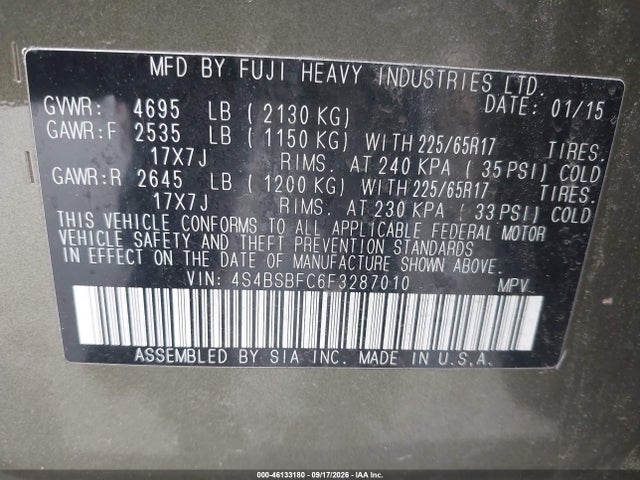 2015 Subaru Outback 2.5i Premium მანქანა იყიდება აუქციონზე, vin: 4S4BSBFC6F3287010, აუქციონის ნომერი: 46133180