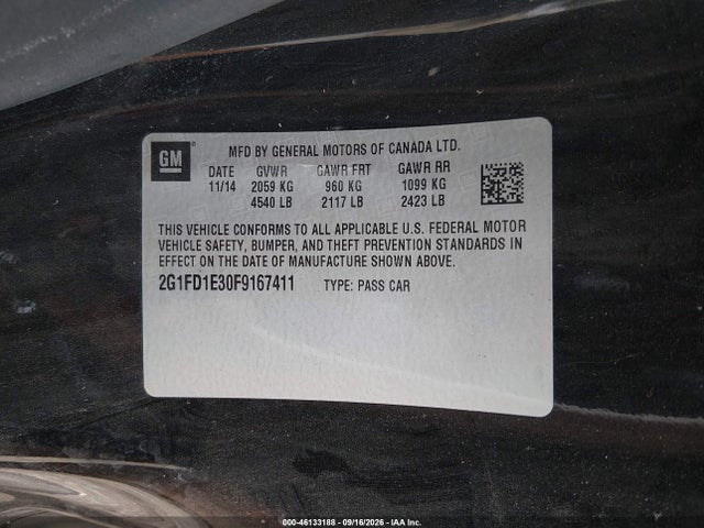 46133188 :رقم المزاد ، 2G1FD1E30F9167411 vin ، 2015 Chevrolet Camaro 1lt مزاد بيع
