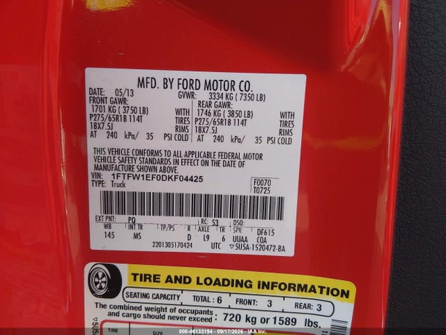 2013 Ford F-150 Xlt მანქანა იყიდება აუქციონზე, vin: 1FTFW1EF0DKF04425, აუქციონის ნომერი: 46133194