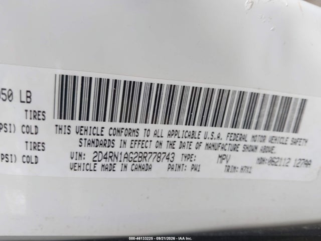 2011 Dodge Grand Caravan C/v მანქანა იყიდება აუქციონზე, vin: 2D4RN1AG2BR778743, აუქციონის ნომერი: 46133225