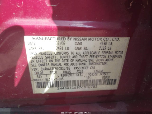 Продажа на аукционе авто 2007 Nissan Maxima 3.5 Se, vin: 1N4BA41E97C810782, номер лота: 46133261