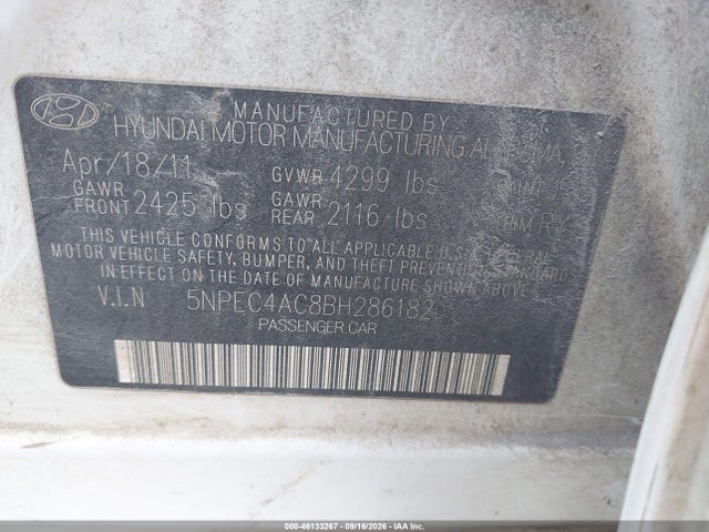 Aukcja sprzedaży 2011 Hyundai Sonata Se, vin: 5NPEC4AC8BH286182, numer aukcji: 46133267